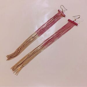 Pink & Gold Tone Long Chain Pierced Earrings 7” Boho Gypsy Gorgeous